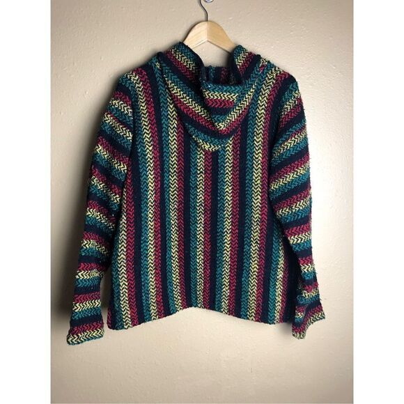 BAJA JOE Striped Hippie Boho Rasta Poncho Hoodie Size S Black Green,Red - Picture 4 of 15